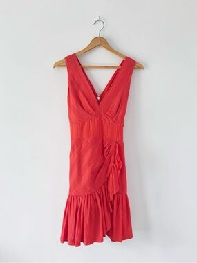 Rebecca Taylor 00 Cotton Pintuck Faux Wrap Asymmetric Cocktail Dress Red V Neck